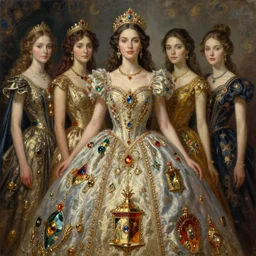 extra perfectness women, mid shot, expansive dress with treasure's, gorgeous, extremely high details quality, bao phan, viktor safonkin, bruce pennington, larry elmore, intricate, hyperrealistic oil painting on canvas, deep depth field, hd, hdr, 4 k, 8 k