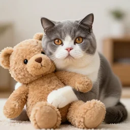 Cute british shorthair cat hugging teddybear