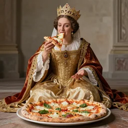 queen margherita ( savoy ) eating!!! a pizza! margherita, full body, portrait photo, diffuse light, trending on artstation, octane, masterpiece