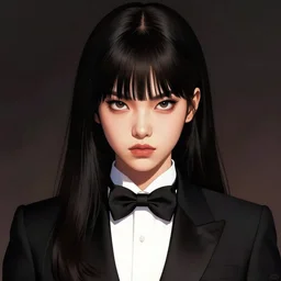 portrait of a beautiful korean girl wearing a men's tuxedo, with bangs, very long hair and bangs, angular features, angry expression, dramatic lighting, illustration by Greg rutkowski, yoji shinkawa, 4k, digital art, concept art, trending on artstation