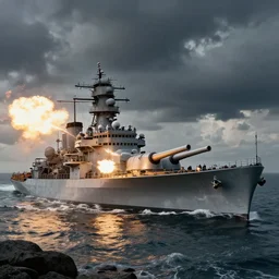 thomas cole coastal landscape with a world war two battleship firing its main guns. dramatic concept art, 4k, octane render. Realistic, cinematic lightning