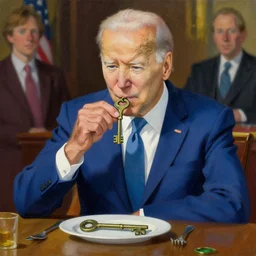 anime key visual of joe biden eating all of the carbon credits, style of jamie wyeth james gilleard edward hopper greg rutkowski acrylic painting, preserved museum piece, historical