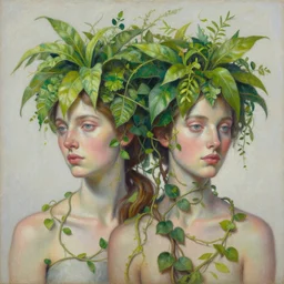 a painting of two women with plants on their heads, a detailed painting by brad kunkle, featured on cgsociety, figurative art, made of vines, detailed painting, behance hd