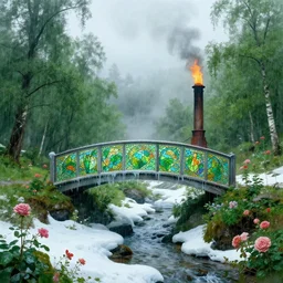 spring in greenland, ornate, beautiful, atmosphere, vibe, mist, smoke, fire, chimney, rain, wet, pristine, puddles, melting, dripping, snow, creek, lush, ice, bridge, green, stained glass, forest, roses, flowers, by stanley artgerm lau, greg rutkowski, thomas kindkade, alphonse mucha