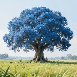 giant tree with blue leaves in the background, fields in foreground, magical, fantasy, digital art, colorful, divine, painting