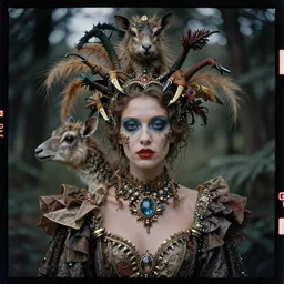 kodak portra 4 0 0, wetplate, photo of a surreal artsy dream scene,, weird fashion, in the nature, highly detailed face, very beautiful model, portrait, close up, extravagant dress, carneval, animal, wtf, photographed by paolo roversi style and steven meisel