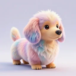 high quality 3 d render hyperrealist very cute fluffy dachshund dog, plush mascot, long spiky fluffy hair, photo from the side, multi pastel colors, vray, smooth background, artstation, ultra detailed
