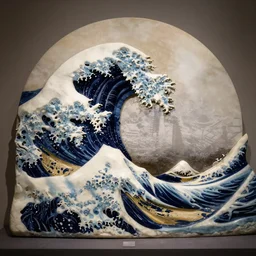 a photo of a circular marble statue of The Great Wave off Kanagawa, in a museum, 3D, sculpture