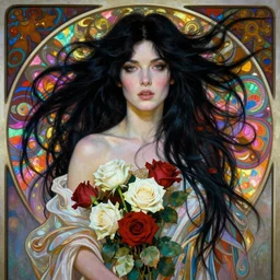 portrait of kate bush against a neon multicolored background, lush black hair, pale skin, white and red roses, flowing material, intricate, beautiful cinematic lighting, stunning painting by artgerm, caravaggio, android jones, wadim kashin, alphonse mucha
