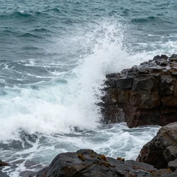 waves dashing against rocks by greg rutkowski