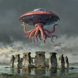 a realistic cell - shaded studio ghibli concept art from paprika ( 2 0 0 6 ) with very dull muted colors. a multi - colored octopus ufo from close encounters of the third kind ( 1 9 7 7 ) hovers in the sky over a flooded monument valley stonehenge on a misty starry night, hd, 4 k, hq