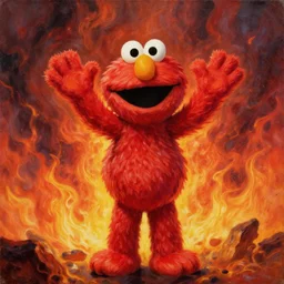 elmo holding his hands up standing in front of epic endless apocalyptic hellfire and flames, elmo, oil painting by michael whelan, striking detail
