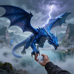 flying blue lighting dragon, holding person between claws, misty fog, big lake with montains in background, thunder and lightning, dungeons and dragons, highly detailed, digital illustration, greg rutkowski