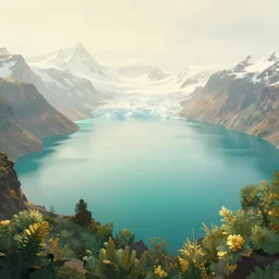 a retrowave aesthetic style artwork of a glacial lake, divine, hazy, volumetric lighting, snowy summits in the background, vast turquoise lake, lush flora, empty, spacetime bending, very detailed, serene, gold accents, washed out colors, beautiful artwork, master level composition, raytracing