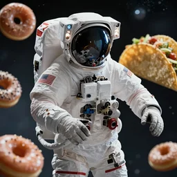 cinematic key visual of astronaut in space, donuts and tacos in background, award winning film, best in photography ; majestic