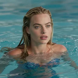 Margot Robbie as a mermaid in the water, realistic face, sexy look, cinematic, 4k, hyper realistic, super detailed