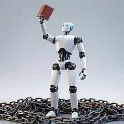 humanoid robot raising one arm holding a book, and standing on a pile of chains