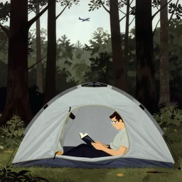 man with eye glasses reading in a tent in the forest. plane in the sky far away. artwork by moebius, henri cartier bresson