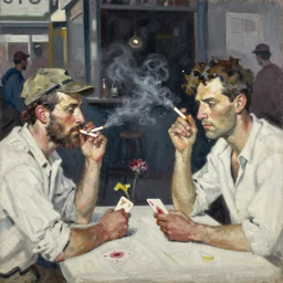 oil painting in the style of john craxton. sailors communicating in the shadows of a pub. in the style of ivon hitchins. strong expressions on faces. holding cigarettes. scratch. strong lighting. playing cards. brush. single flower. cheekbones. smokey bar. seated figure hands on table. eyes. line drawing.