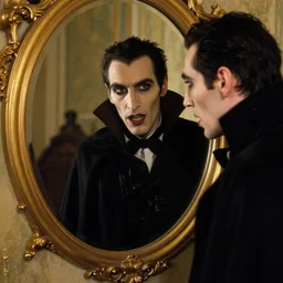 hyperrealistic portrait of a vampire watching a mirror. by jeremy mann and alphonse mucha
