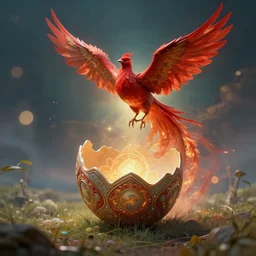 the solarpunk phoenix, red bird, ornate egg, regeneration, landscape, epic composition, volumetric light, bokeh, inspired by peter mohrbacher and by alphonse mucha
