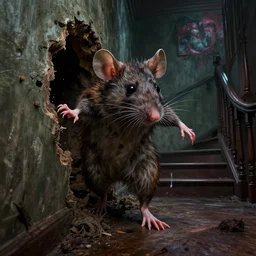 cinematic colorful horror artwork by artgerm, beksinski, mark brooks, stephen king ; real life full portrait of ugly furry mouse entering hole wall near top stairs in hallway, footfall ; dark ominous scary, 8 k hdr, creepy intricate ; volumetric dramatic lighting, insanely detailed, haunting