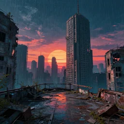 a beautiful ultradetailed render of city abandoned building deck by jan van goyen, at night retro sunset retrowave tundra rainforest at dusk otherworldly, archdaily, wallpaper, highly detailed, trending on artstation.