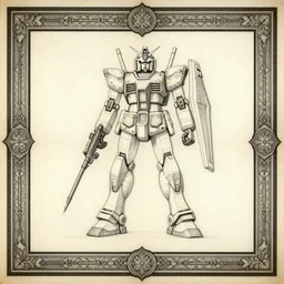 gundam schematic blueprint pencil sketch scientific drawing by leonardo davinci stained paper old masters insanely detailed border
