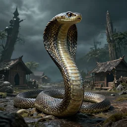 a giant cobra near a village,  high detail, 8k, ornate, dark fantasy, realistic, masterpiece, Trending on art station, complex, WLOP, film still from the movie directed by Denis Villeneuve with art direction by  Alex Grey, Greg Rutkowski