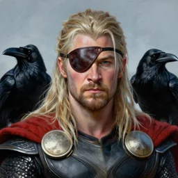 hugh laurie as odin, wearing an leather eyepatch, two ravens in the background, very detailed painting by Glenn Fabry