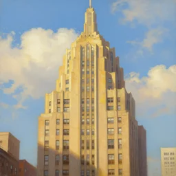 art deco architecture in new york, sunshine, warm, blue sky with puffy clouds, a painting by kenton nelson