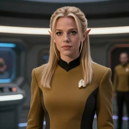 4K anime video of young attractive high-fantasy elf (played by Britney Spears) in a Starfleet uniform in Star Trek, scene where she is on Deep Space Nine, photorealistic, soft light, cinematic lighting, sharp, camera