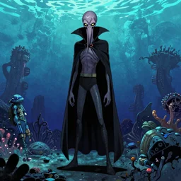 concept art character with a vampire squid head and cape that is tall and thin that lives in an ocean setting in the apocalypse created by lead artist Andy Suriano for a new episode of rise of the teenage mutant ninja turtles on nickelodeon comic book dots with chromatic aberration