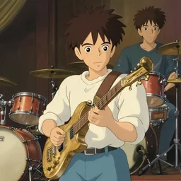 attractive boy playing band, in the style of studio ghibli, j. c. leyendecker, greg rutkowski, artgerm