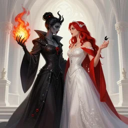 an beautiful and detailed matte painting of a lesbian wedding between evil pyromancer and a vampire red mage, unholy union, white church background, god rays, sharp focus, highly detailed, cinematic lighting, studio quality, colorful, smooth render, vector illustration, award winning, by artgerm, greg rutkowski, alphonse mucha
