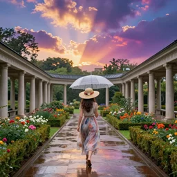 woman holding an umbrella and walking down a colonnade, flower garden, rainy, brilliant god rays, vibrant colorful twilight clouds, diaphanous skirts, sunhat with flowers, hearthstone, by artgerm, by greg rutkowski, by alphonse mucha, by bouguereau, by ruan jia, by and conrad roset,