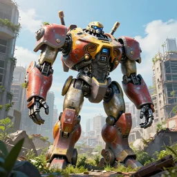A giant robot in city ruins overtaken by vegetation, post apocalyptic, cinematic, hyper realism, high detail, octane render, unreal engine, 8k, vibrant color, by andrea chiampo, syd mead
