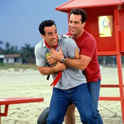 film still of george costanza being rescued by a lifeguard in the new seinfeld episode, 4 k