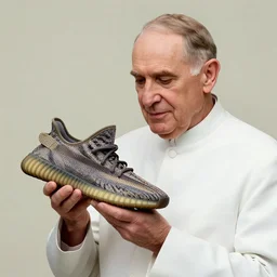 john paul ii admiring a yeezy sneaker in his hands