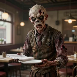 waiter angry zombie, detailled portrait, restaurant interior, feeling of grimdark horror, daytime, high contrast, ultra intricate detailed, octane render, unreal engine