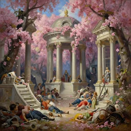 the dream world is collapsing, 1 0 dream chambers have been destroyed, thousands of casualties, oil painting, neoclassicism, bloom, vibrant, hdr