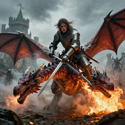 a brave fragile hurt medieval knight with sword jumps while slicing a dragons back as the dragon breathes fire and inflames the ground beneath him, smoke everywhere with castle in distance, stormy, raining, 4 k, hd, realistic