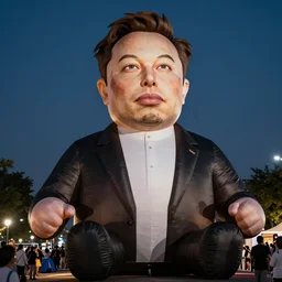 a giant inflatable elon musk in a parade