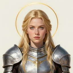 masterpiece head-on symmetrical centered painted portrait, Elisha Cuthbert as a warrior paladin, RPG portrait, blonde hair, golden halo, ornate iron armour, elegant, distant, in the style of Edgar Maxence and Ross Tran and Zdzisław Beksiński and Michael Whelan and Mucha and gustav dore and H.R. Giger, 8k, octane render