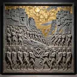 temple bas - relief wall tiles side view aztecs incas hundreds of warriors full body well proportioned pacing to cliffs by eddie mendoza hyperrealism expressive eyes cyborgess symmetrical very very detailed giger beksinski grey and gold