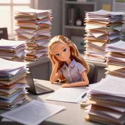 a tired!!!!! and sad!!!!! looking barbie doll sits at a desk in her office. she is surrounded by towers!!!!!!!!!!!!! of loose papers!!!!!!!!!!!!!!. her head is resting on her hand, photorealistic,
