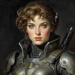 a close up illustration of a beautiful intergalactic female soldier, 8 k, highly detailed, intrincate, elegant, full color, digital painting, by gustave dore, artgerm, ken kelly, frazetta