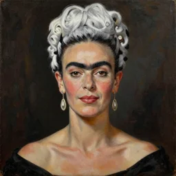 classy elegant close up portrait of intricate jeanne moreau and frida khalo caracter, white hair, sweet mysterious look, elegant, full chest portrait, sharp focus, highly detailed, oil on canvas, trending on artstation