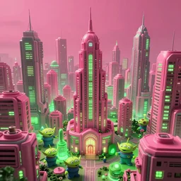 pink and green alien city, photorealistic beautiful in the style of studio ghibli. hyperdetailed photorealism, 1 0 8 megapixels, amazing depth, glowing rich colors, powerful imagery, psychedelic overtones, 3 d finalrender, 3 d shading, cinematic lighting, artstation concept art