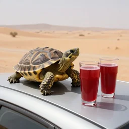 a turtle sitting on the roof of a car, 2 tall glasses of red juice next to him, the desert in the distance